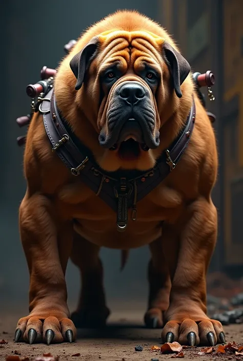 a large, muscular, mastiff dog, wearing a saddle on its back, hyperrealistic, intricate detailed fur, powerful posture, dramatic lighting, cinematic composition, rich colors, photorealistic, 8k, best quality, masterpiece