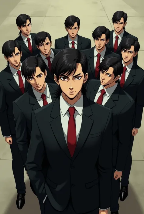 a guy standing in a formal black suit white shirt and red tie , looks pretty muscular . He has around ten guys behind him who has the exact same facial features . He has a teen face , has mullet hairstyle and dark black hair . The ten guys behind are stand...