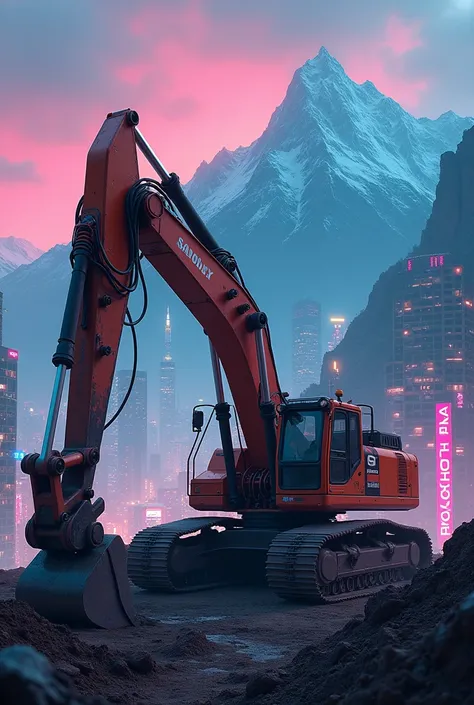 Excavator mountain View, neon lights, in city
