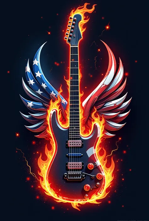 "Design an eye-catching and creative logo for the music band Red Hot Chili Peppers. The centerpiece should be an electric guitar with an American flag theme, incorporating a flowing blend of stars and stripes that wraps around the guitar body. The guitar s...