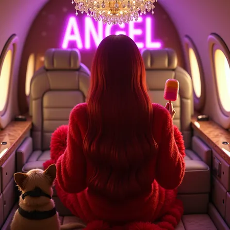 Back view of a beautiful natural white female, with Extremely Long reddish black hair, wearing a red fur Elmo Onesie sitting on a luxurious chair in a luxurious private jet with diamond chandelier and a banner that says " ANGEL" in pink n purple LED font, ...