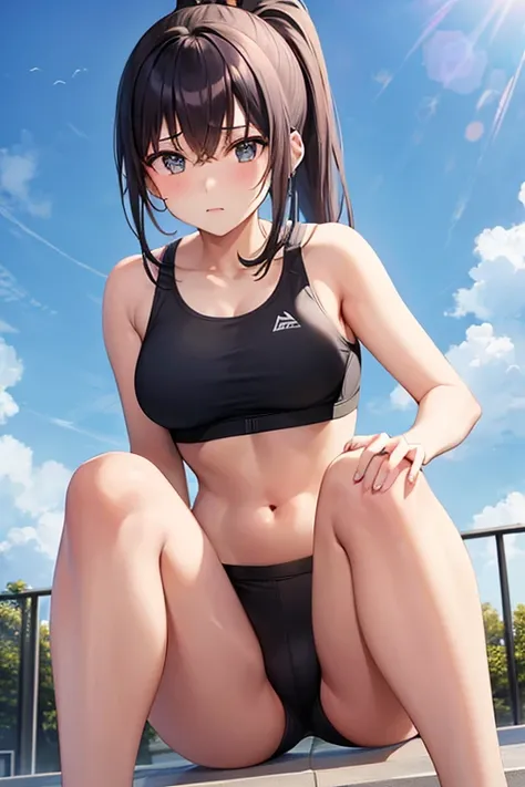 Teenage girl、(From the knee up)、(Angle from below)、ponytail、((Sports Bra))、((Women&#39;s sports shorts))、Showing armpits、belly button、Thighs、Sweating、Wipe away sweat、Athletics Track