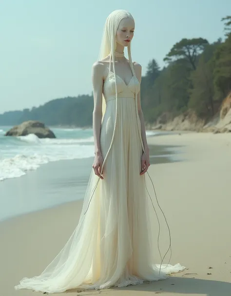 A surrealistic full body photograph of an elegant female humanoid creature with a long elongated neck, white skin and dressed in a flowing gown on the beach. Her head is completely covered by pale fabrics that cover her eyes. She has two very thin tentacle...