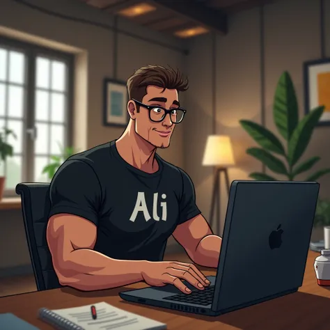 Software developer using computer and Laptop in his well architect room
He is A Lean bodybuilder wearing glasses and Black T shirt on it "Ali" is written,
Image should be animated 