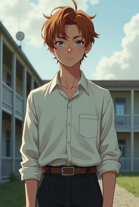 {{upper body, dutch angle}} {{Artist: sincos}} 1boy, young male, soft chestnut short hair, gray eyes, irish, white shirt, black pants belt, outdoors, back of the school, standing, neutral position, pov, modern

same image.