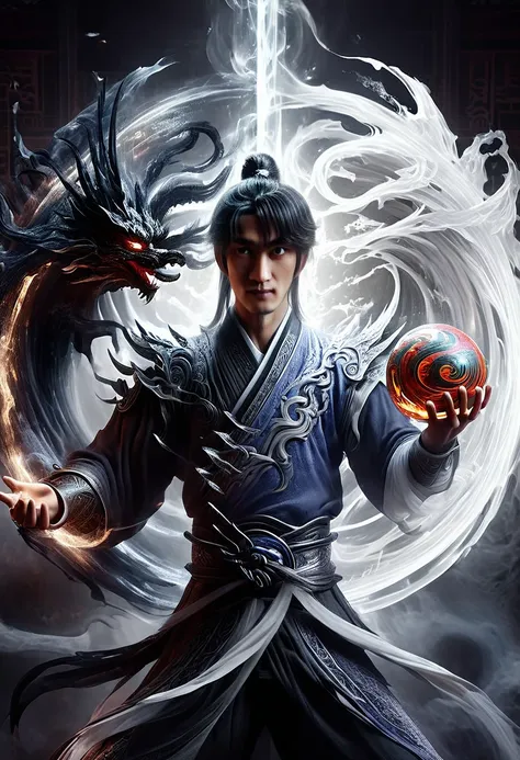 a man holding a ball with a dragon on it, inspired by li gonglin, human and dragon fusion, inspired by feng zhu, man with the so...