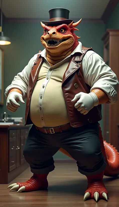 A full body image of a fat and extremely obese authoritative Male Anthropomorphic Dragon wearing a leather dog collar around his neck and wearing glossy white rubber gloves on his hands and feet and a leather collar around the neck. The Dragon is also wear...