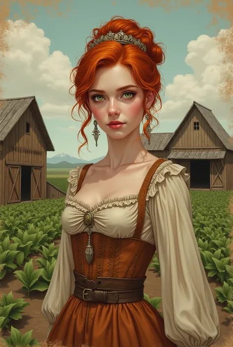 young woman, 1, redheadwear, greeneyes, refined clothes, old image texture, tobacco farm behind, Western, drawn image