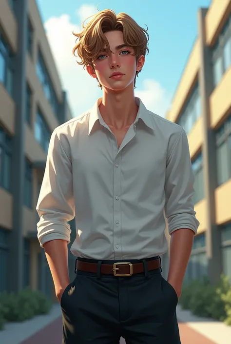 {{upper body, dutch angle}} {{Artist: sincos}} 1boy, young male, soft chestnut short hair, gray eyes, irish, white shirt, black pants belt, outdoors, back of the school, standing, neutral position, pov, modern