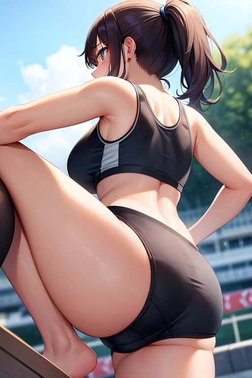 Teenage girl、(From the knee up)、(Angle from below)、ponytail、((Sports Bra))、((Women&#39;s sports shorts))、Showing armpits、belly button、Thighs、Sweating、Wipe away sweat、Athletics Track