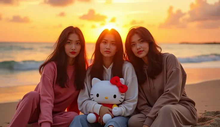 3 beautiful Indonesian adult women, loose hair, big nose, wear a hoodie, long pants, wear sneakers, all faces facing the front camera, sit down, hand holding a hello kitty doll, on the beautiful beach, beautiful sunset atmosphere, ultra details, minim diff...