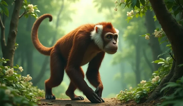 There is a wild beast in the osmanthus forest，Looks like a brown monkey but has white ears，Walking upright（best quality，4K，8k，High level，masterpiece：1.2），Ultra Detailed，（lifelike，Photo real，Photo real：1.37）