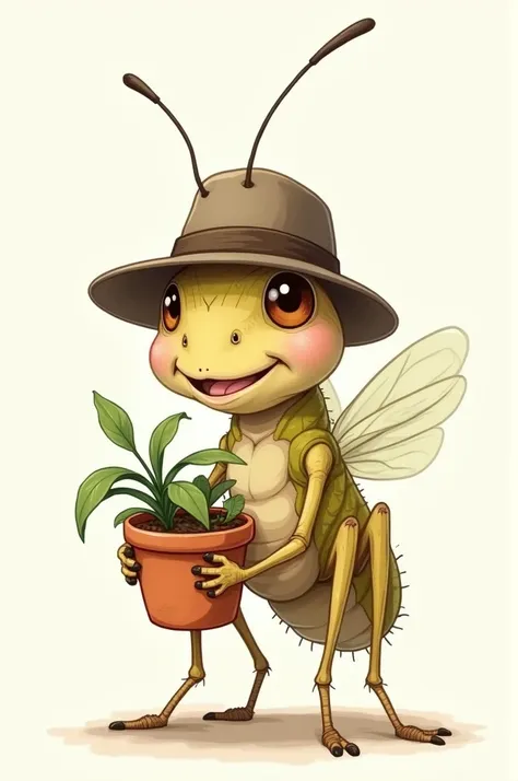 A cricket with a hat holding a plant in his hands in drawing version