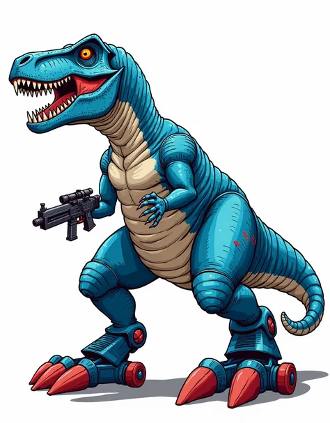 T-Rex armed anime style by Akira Toriyama, with a retro-futuristic design, featuring a dynamic and energetic dinosaur with wheels on its feet and a machine gun protruding from its mouth. The artwork showcases vibrant blue sci-fi coloring with striking red ...