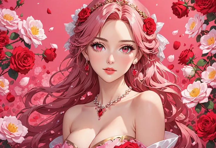 an anime female dressed like a princess with roses all around her on a bright pink background, 1girl, solo, breasts, jewelry, earrings, flower, cleavage, red eyes, long hair, looking at viewer, parted lips, collarbone, bare shoulders, petals, pink hair