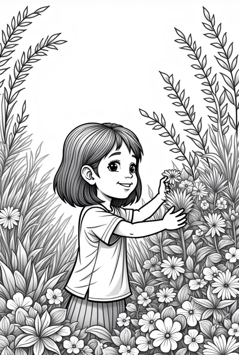 girl singing, raising plants in a diverse garden. Simple line, black and white, without shadow, white background for coloring. Coloring book