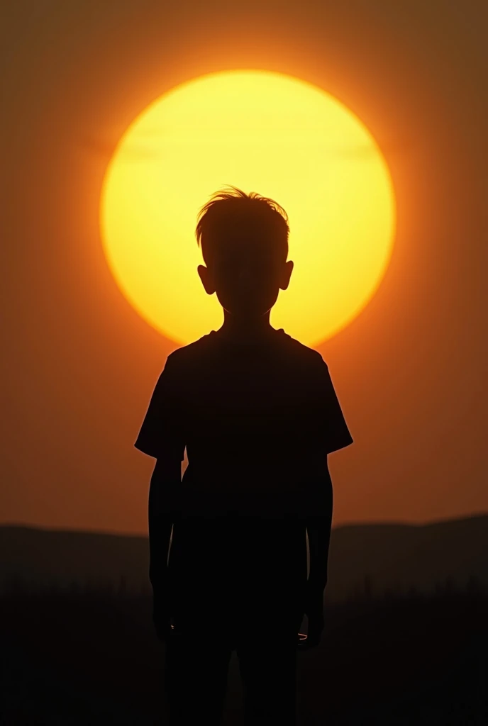 A boy Shadow in black near the sun all black 
But his face is see the sun 
