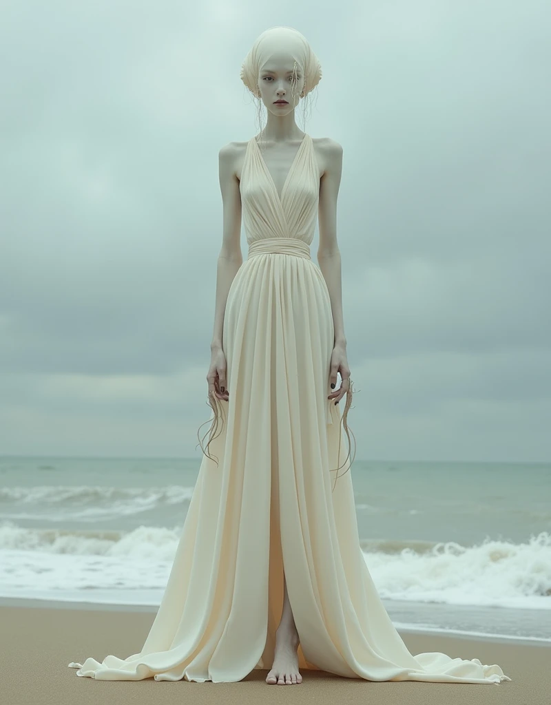 A surrealistic full body photograph of an elegant female humanoid creature with a long elongated neck, white skin and dressed in a flowing gown on the beach. Her head is completely covered by pale fabrics that cover her eyes. She has two very thin tentacle...