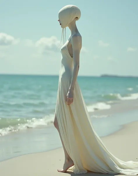 A surrealistic full body photograph of an elegant female humanoid creature with a long elongated neck, white skin and dressed in a flowing gown on the beach. Her head is completely covered by pale fabrics that cover her eyes. She has two very thin tentacle...