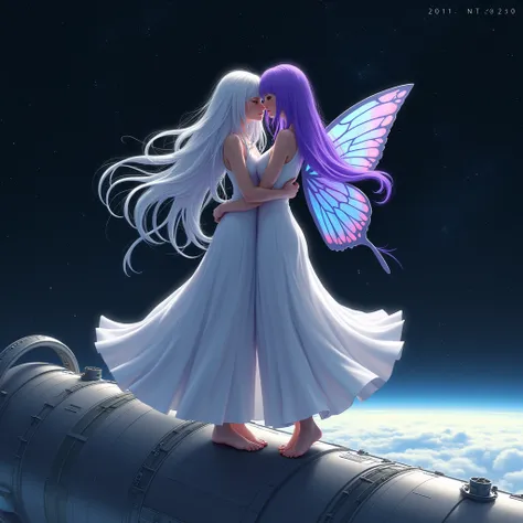 A woman with long white hair,she will wear a long white dress,and a woman with purple hair,she will wear a very long purple dress,they will be hugging without showing their faces,they will be standing on top of a satellite in space,I want the one with purp...