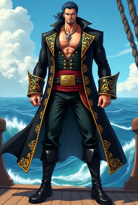 pirate outfit based on the anime One Piece for a male sailor, he is part of the crew he wears black and gold clothes, Do it full body. I want something more intimidating, he understands? I want something that commands respect, less cuteness and more fear.