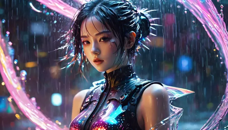 1 girl，beautiful，cyberpunk style,Bling Bling Bling Bling，motion blur，water drop，Cinematic lighting effects