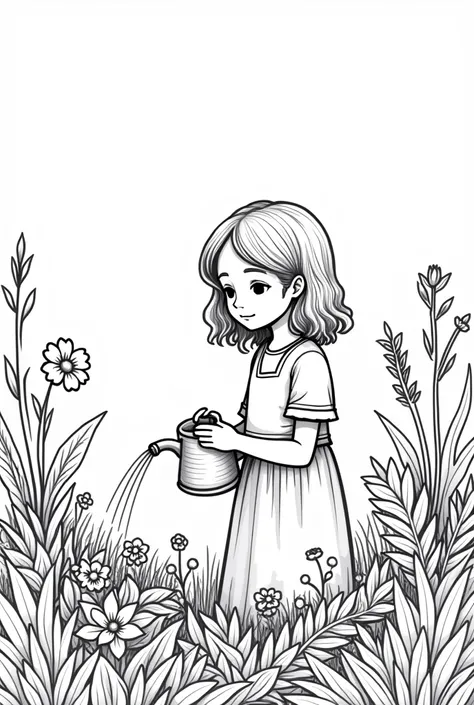 girl singing and watering the plants in a diverse garden. Simple line, black and white, without shadow, white background for coloring. Coloring book