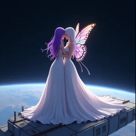 A woman with long white hair,she will wear a long white dress,and a woman with purple hair,she will wear a very long purple dress,They will be hugging like friends without showing their faces,they will be standing on top of a satellite in space,I want the ...