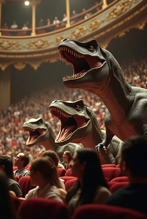 Create an image of the audience turned into a Tyrannosaurus Rex that wants to overflow even with lectures and is scared to death, The background is a beautiful auditorium where a presentation of oratory and storytelling can be seen