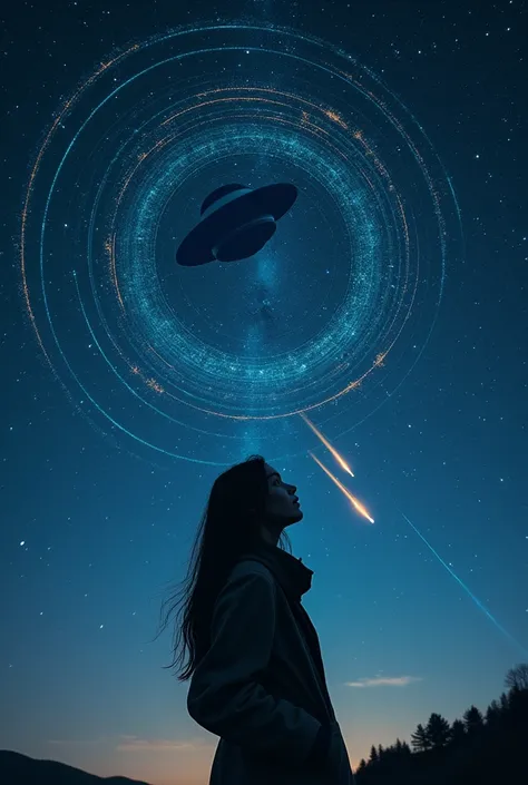 long exposure of starry sky with many circular orbits, focus on the stars, a flying saucer,silhouette of a young European woman with long hair with her hands in the pockets of her coat looking up,golden ratio,shooting stars, two of them yellow