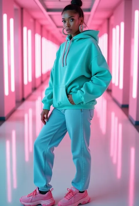 "Full-body hyper-realistic portrait of a stylish woman with dark brown, slicked-back hair in a bun, wearing large hoop earrings, and a confident expression. She is dressed in a light turquoise oversized hoodie, light blue jeans, and chunky pink sneakers. T...