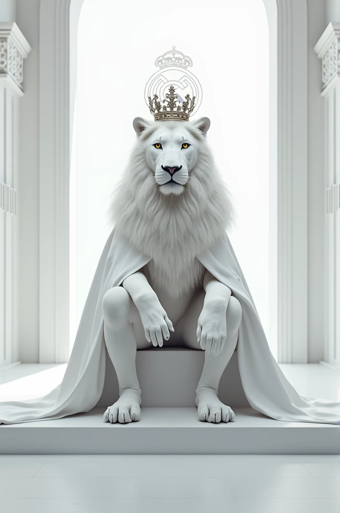 in the white room, a white lion is sitting on a beautiful white throne. A lion in a white royal robe. And the lion has a white crown on his head.
on the wall is the logo of the Real Madrid football club
