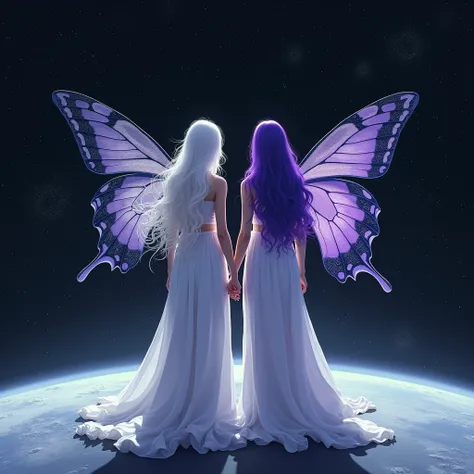 A woman with long white hair,she will wear a long white dress,and a woman with purple hair,she will wear a very long purple dress,They will be holding hands like friends,They will be standing with their backs turned on top of a satellite in space,I want th...