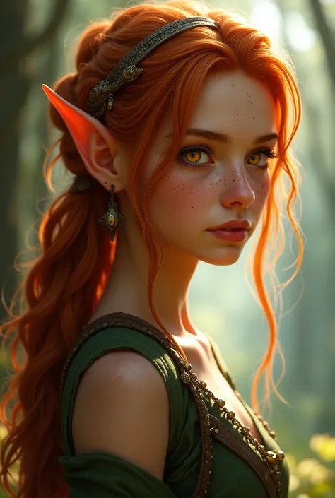 high elf, Youngh, skin tanned, copper colored hair, golden eyes with more prominent freckles on the nose and cheeks of the face. Profile for RPG