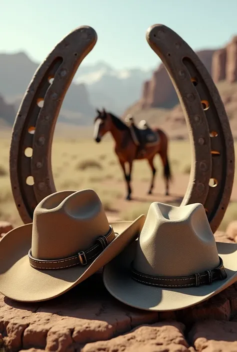 a horseshoe and inside two ranch hats and a horse
