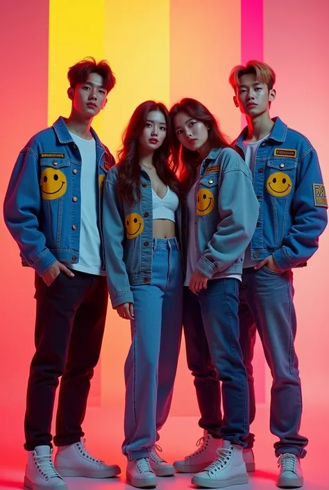 Generate an image of a K-pop band with three handsome male members and one beautiful female member have six pack abs. All members should be wearing trendy denim jackets with smiley face designs, paired with stylish, modern outfits. The group should be pose...