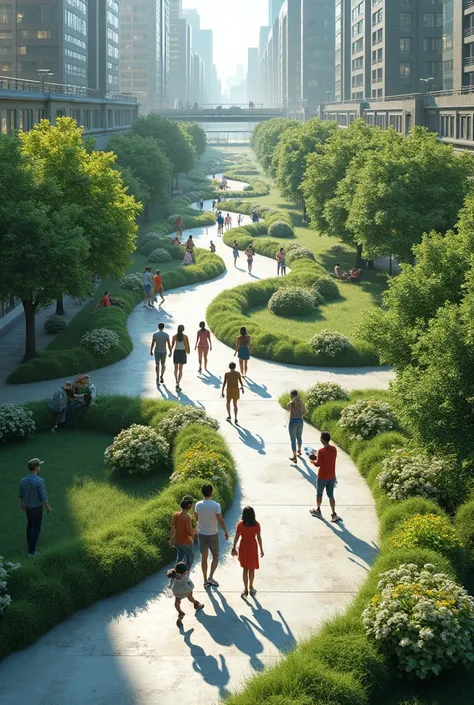 Urban park, with realistic materiality, realistic people, in isometric perspective , with transparent bottom
