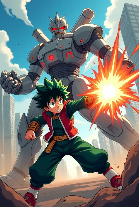 Recreate image of izuku midoriya using detroit smash on a robot anime.