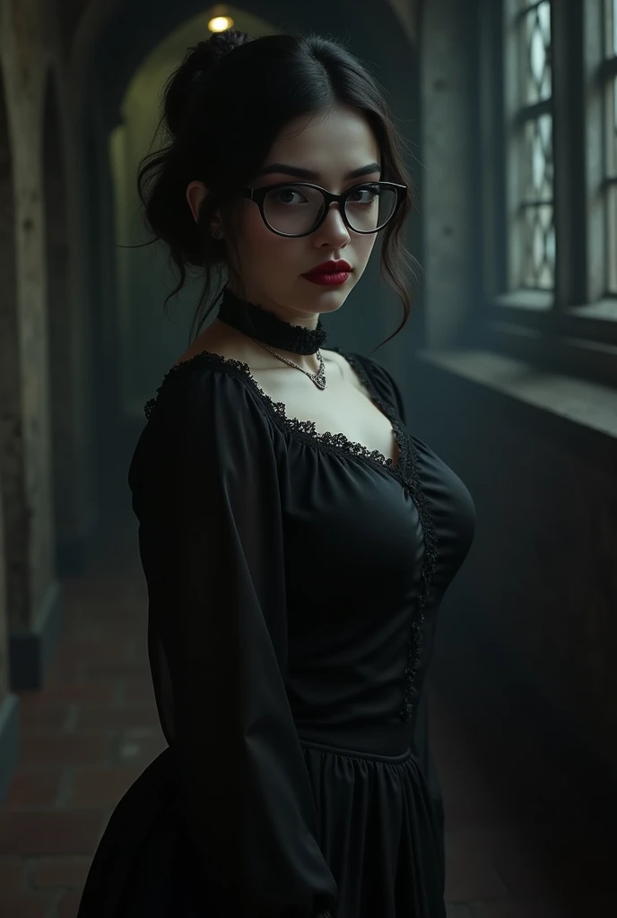 Gothic girl with glasses, big breasts and short stature 
