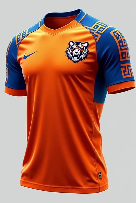 A model of a men&#39;s futsal shirt in orange with blue details, many sporty details, with a tiger claw on the left breast of the blouse, a claw in the back. Details only on the Greek pattern sleeve. Greek pattern on the bottom collar of the blouse 