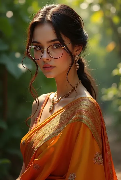 European girl In glasses saree