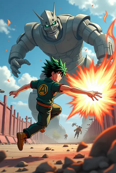 Recreate image of izuku midoriya using detroit smash in obstacle race to destroy a super giant robot.