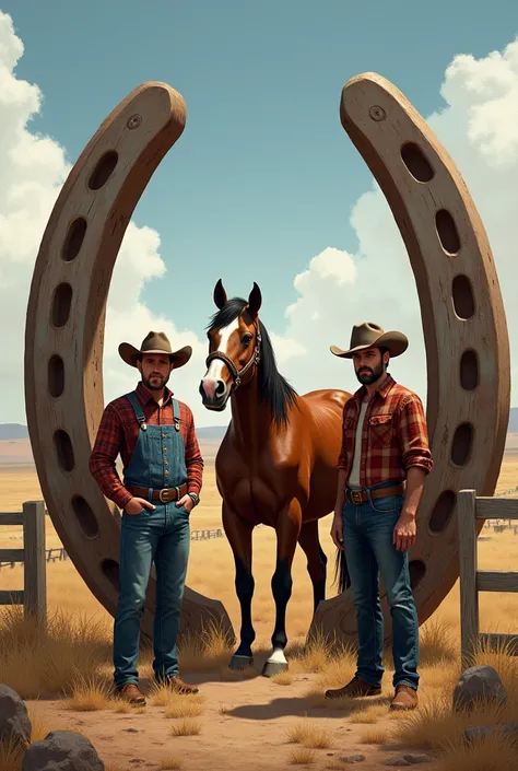 a horseshoe and inside two ranch men and a horse drawing
