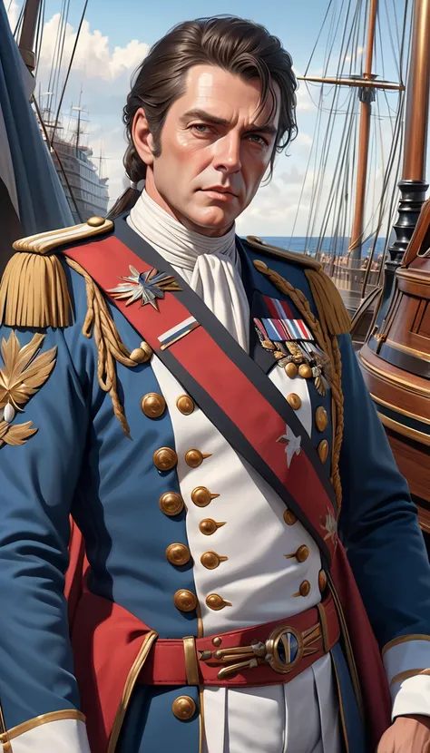 18th century fleet admiral, best quality, 4k, 8k, highres, (masterpiece:1.2), ultra-detailed, (photo realistic,:1.37), looking at viewer, 