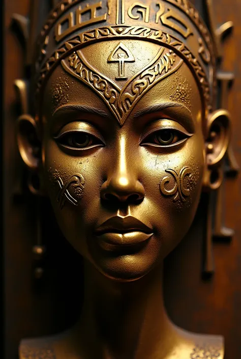 A brass sculpture by JDS of an Oron head, featuring intricate details and textures of the traditional Nigerian tribal mask. The sculpture is highly detailed, with a focus on the distinctive facial features and patterns of the Oron people. The lighting styl...