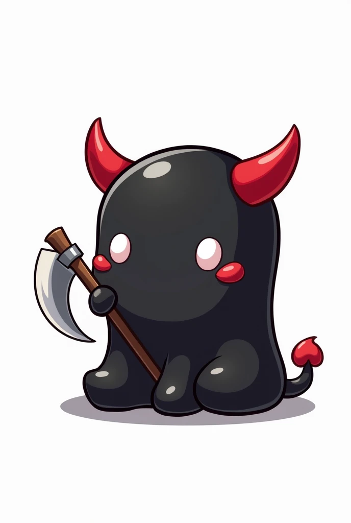 Manga cartoon character, black slime, red horns, small red tail, two hands, two legs, holding a sickle, cute, white background