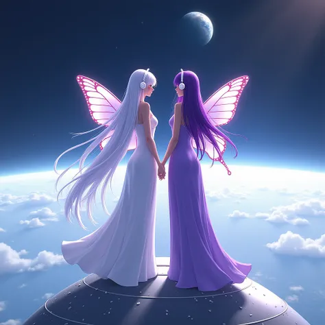 A woman with long white hair,she will wear a long white dress,and a woman with purple hair,She will wear a very long purple dress and use headphones ,they will be holding hands like friends,They will be standing with their backs turned on top of a satellit...