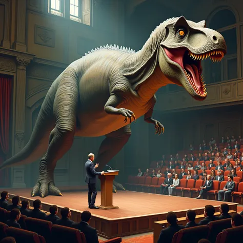 Create an image of the audience turned into a Tyrannosaurus Rex that wants to devour even lectures that are scared to death, the background is a beautiful auditorium where a presentation of oratory and storytelling can be seen.
Be very creative and make su...