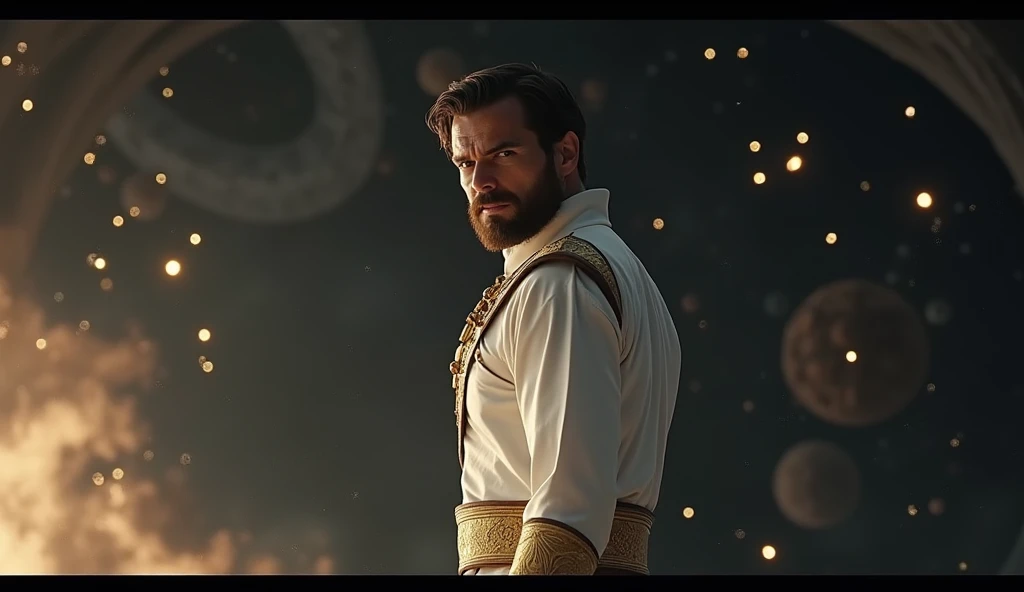 A cinematic medium shot of Henry Cavill with short hair and long beard as Pre-retcon Beyonder in the MCU. He is floating in blackspace and is showing his back fully (meaning he is faced opposite side ) to us while we can only see his side face where he giv...