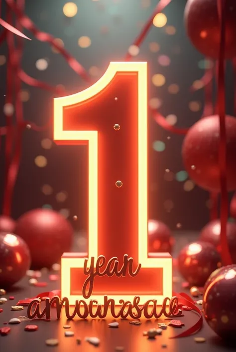 A big number "1",write "Year Anniversary " at the left bottom corner of the number, background celebration theam